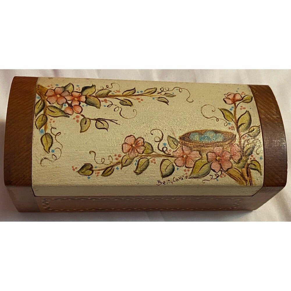 Vintage Hand Carved Wooden Hinged Trinket Box Earrings Case Floral Signed 6 in